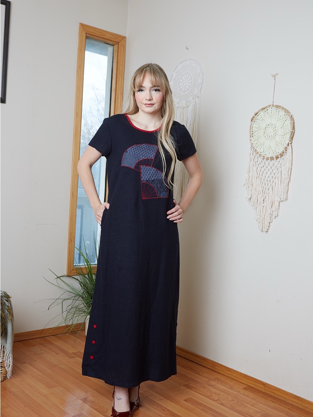 Vintage 80s Navy Maxi Dress with Red Trim and Fan Detail M